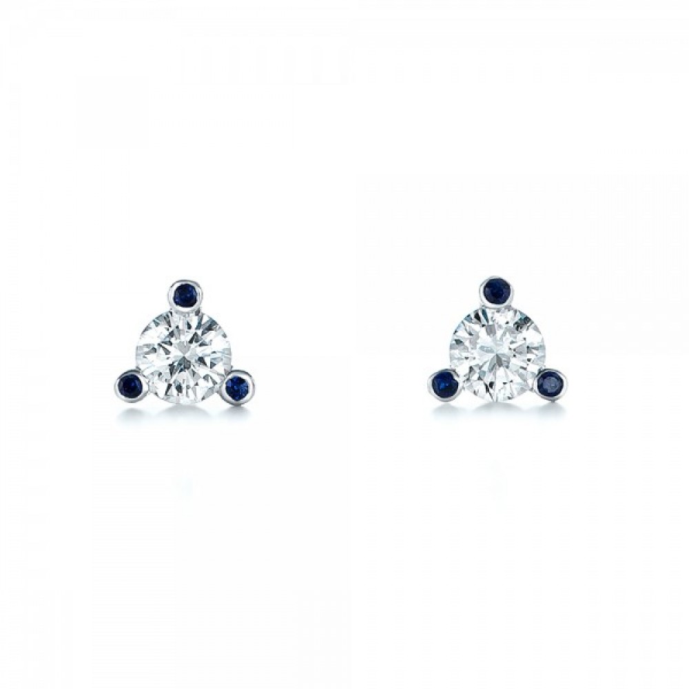 Серьги Пусеты с Бриллиантами 0,22 ct и Сапфирами 0,012 ct в Белом Золоте 750 пробы - фото