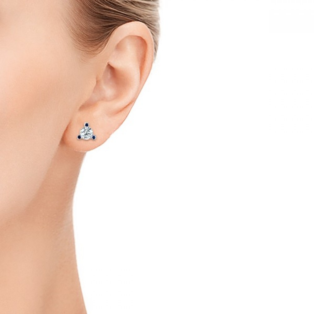 Серьги Пусеты с Бриллиантами 0,22 ct и Сапфирами 0,012 ct в Белом Золоте 750 пробы - фото