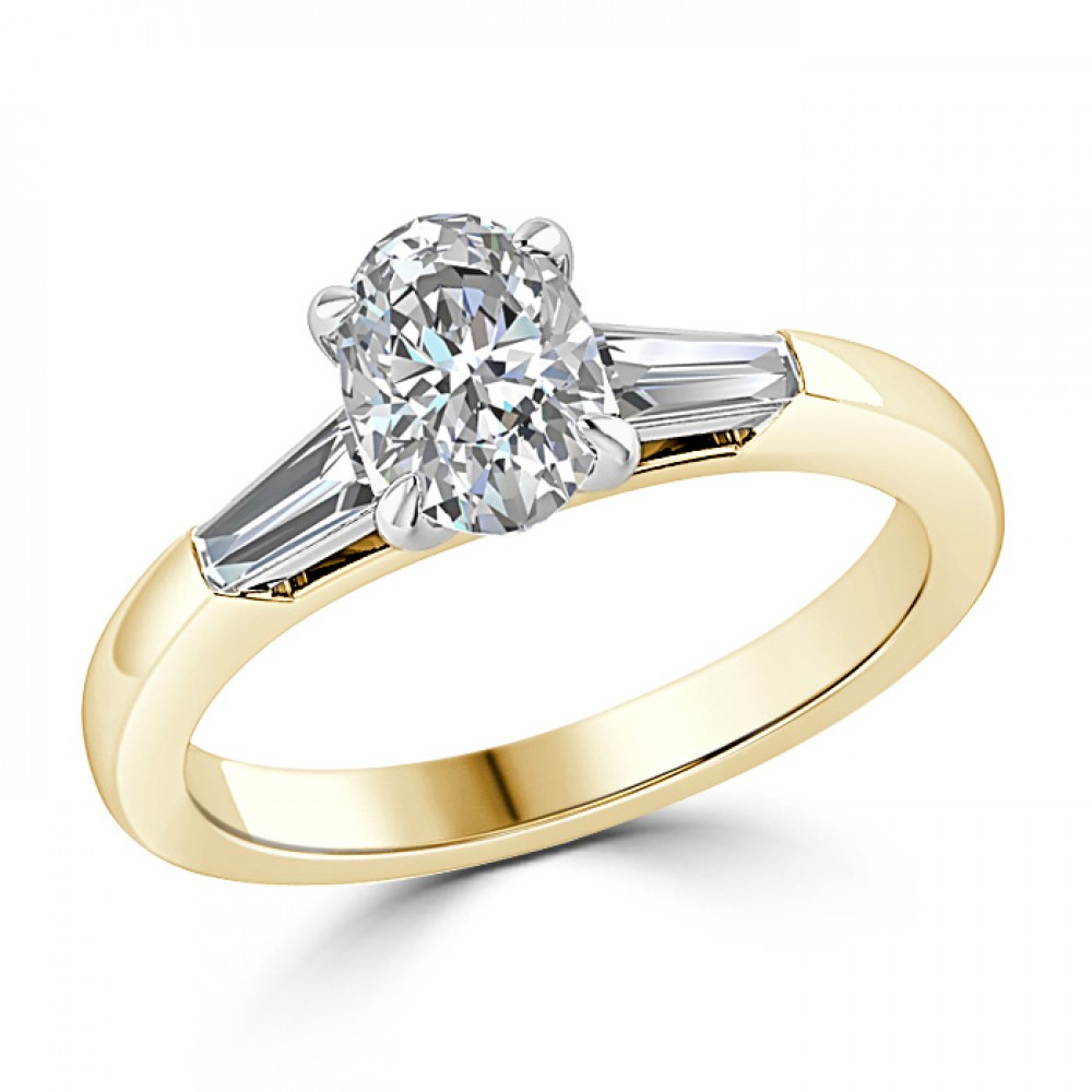 Кольцо для Помолвки с Бриллиантами огранки «Овал» 0,57 ct и «Эмеральд» 0,32 ct в Желтом Золоте 750 пробы - фото