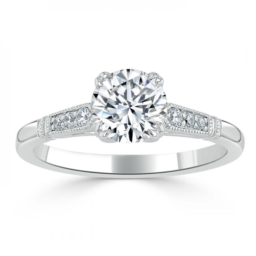 Кольцо для Помолвки с круглым Бриллиантом 0,82 ct и россыпью 0,31 ct в Белом Золоте 750 пробы - фото