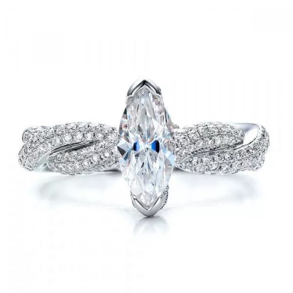 Engagement Ring in White Gold with 0,55 ct Marquis-cut Diamond and 2,00 ct placer - фото