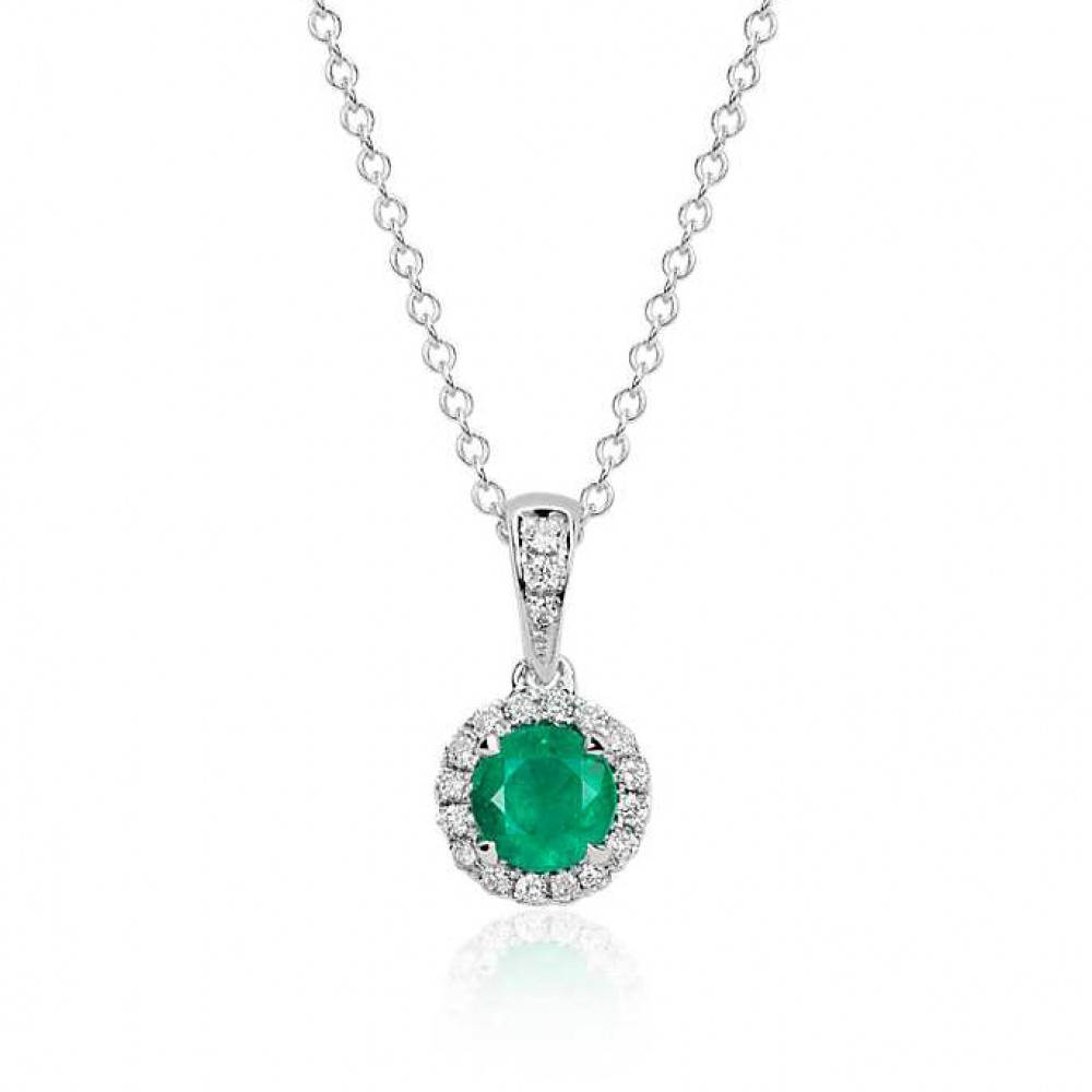 Кулон с Круглым Изумрудом и инкрустацией 0,24 ct в Белом Золоте 750 пробы - фото